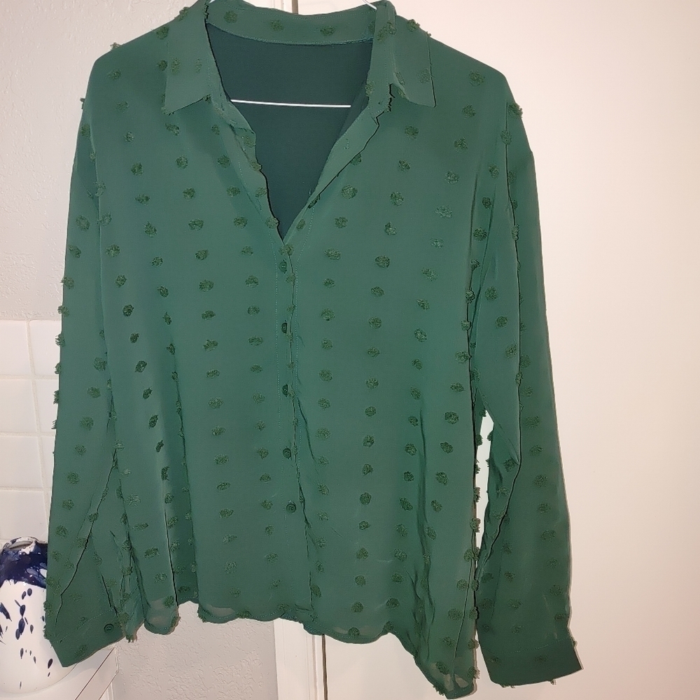 NWOT XL Unique long sleeved Button Up blouse w knot decor & liner. Green XL.
